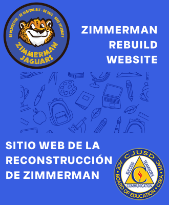  Words "Zimmmerman Rebuild Website" in English and Spanish with school and district logos